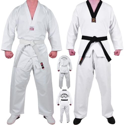 MAR | Taekwondo Uniform Suit White Colour V-Neck, Sparring Gear Unisex Kids & Adult Martial Arts Gi Student Suit Polycotton Medium Weight 8oz Fabric + FREE BELT (000/110)
