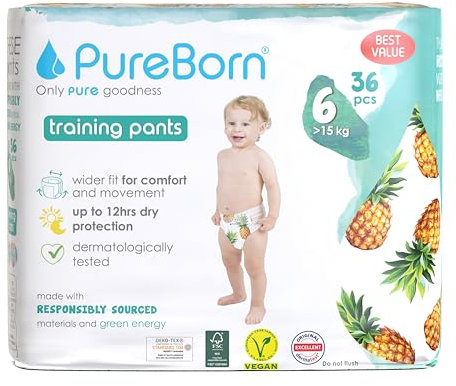 PureBorn 36 Windelhöschen Größe 6 (15+ kg), Ultra-Saugfähig, Hypoallergen, Weich & Sanft für Babys, Dermatologisch Getestet, Auslaufsicher, Umweltfreundlich aus Bambus