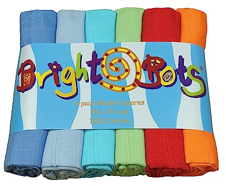 Bright Bots Baby Muslin Squares Burp Cloths Absorbent and Breathable Muslin Cloths Pure Soft 100% Cotton 70cm, Pack of 6 (Boys Combo)