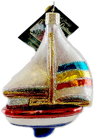 Old World Christmas 46028 Planes, Trains, Helicopters, Boats and Trucks Glass Blown Ornaments for Christmas Tree Sailboat, Blue