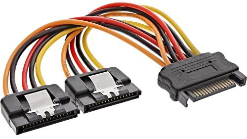 InLine SATA Strom-Y-Kabel, SATA Buchse an 2x SATA Stecker mit Sicherheitslasche, 0,15m