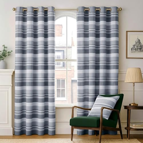 HOMESCAPES Grey Black White Eyelet Curtain Pair 167cm (66) Wide x 182cm (72) Drop Morocco Stripe Design Ring Top Curtain Pair