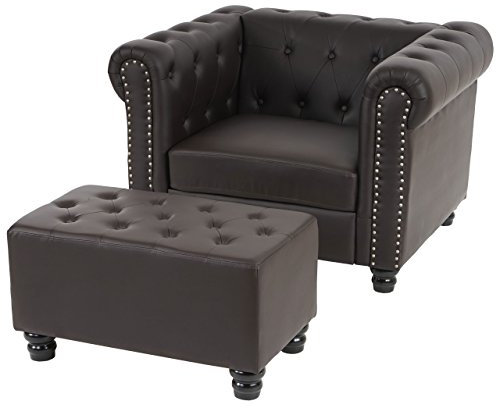 Mendler Luxus Sessel Loungesessel Relaxsessel Chesterfield Kunstleder runde Füße mit Ottomane - braun