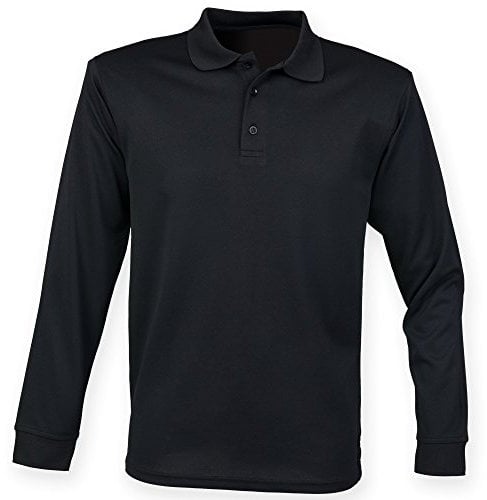 Henbury Mens Coolplus Moisture Wicking Long Sleeve Polo Shirt (M) (Black)