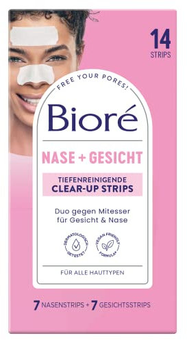 Biore Tiefenreinigende Clear-up Strips - Gesicht (7 Strips) und Nase (7 Strips) - Entfernen Mitesser und Unreinheiten von Gesicht und Nase - Alle Hauttypen, Weiß, 14 Stück (1er Pack)