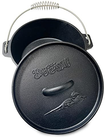 Bayou Classic 7402 2-qt Cast Iron Dutch Oven Features Flanged Camp Lid Stainless Coil Wire Handle Grip Perfect To Use Over A Campfire To Prepare One-Pot Meals Bake Cornbread Biscuits or Cobbler