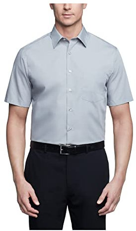 Van Heusen Men's Short Sleeve Dress Shirt Regular Fit Poplin Solid, Grey, 16.5 Neck