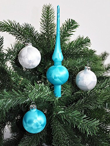 Thüringer Glasdesign Jack Eislack Glas Christbaumkugeln 15x Kugel 6cm + 1x Spitze 25cm Türkis/Weiß - Weihnachtsbaumschmuck-Set - Weihnachten - Winter - Turquoise, White