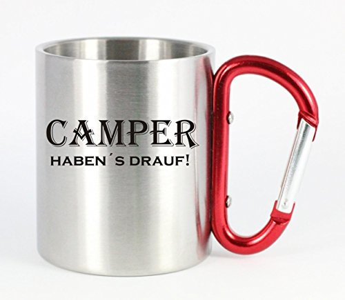 CreaLuxe Edelstahltasse mit Karabiner 'Camper haben´s Drauf' Tasse bedruckt, Kaffeetasse, Bürotasse, Metalltasse