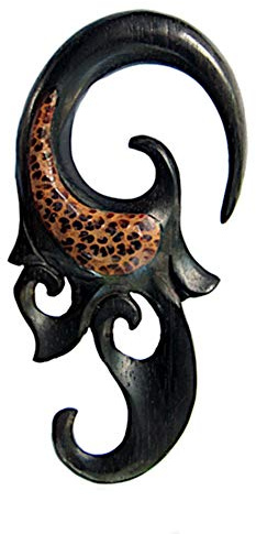 CHICNET Damen Herren Ohr Lobe Piercing Dehnschnecke Dehnspirale Hook Spirale aus Eisenholz Holz mit Kokosholz Inlay, schwarz braun, verschnörkelt, 2mm bis 6mm