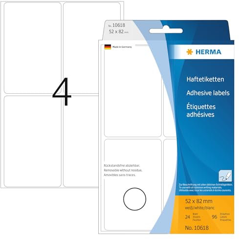 HERMA 10618 Vielzweck-Etiketten ablösbar, 96 Stück, 52 x 82 mm, 4 pro Bogen, selbstklebend, Haushaltsetiketten zum Beschriften, matt, blanko Papier Klebeetiketten Aufkleber, weiß