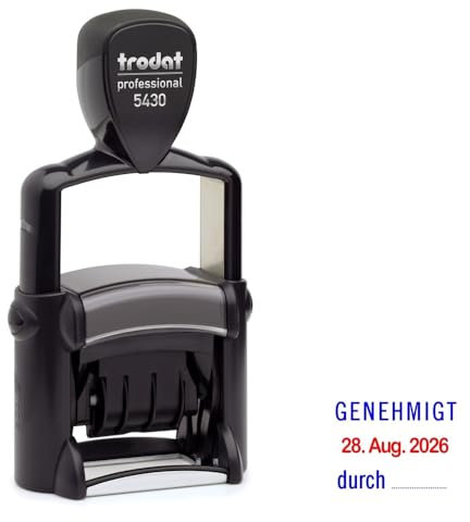 Trodat Professional Dater 5430 Datumstempel mit 2farbigem Kissen blau/rot + Wunschtext, Stempeltext:G E N E H M I G T