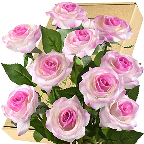 FiveSeasonStuff 10 Stems Real Touch Roses Artificial Flower Silk Roses ‘Petals Feel and Look like Fresh Roses' Bouquet of Flowers Floral Arrangements (White with Purple Edge #11)