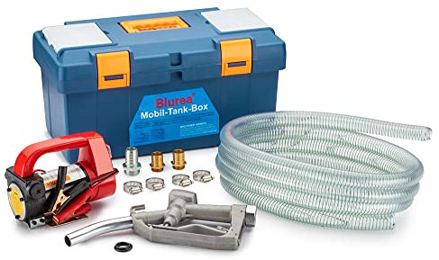 BLUREA Mobile Tankstellen Box, Dieselpumpe 12V selbstansaugend, 40l/min, 230W, inklusive manueller Zapfpistole mit Drehgelenk und 4m Dieselschlauch