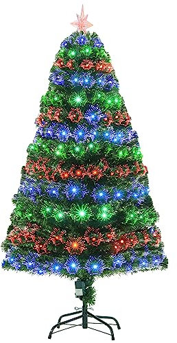 HOMCOM 5 Feet Prelit Artificial Christmas Tree with Multi-Coloured Fiber Optic LED Light, Holiday Home Xmas Decoration, Green