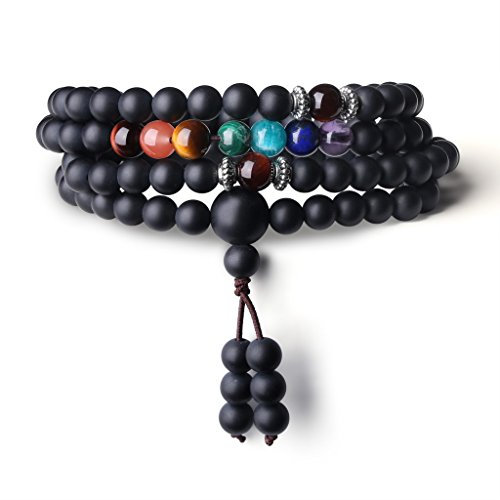 COAI Bracciale Collana 108 Perle Mala in Onice Opaca e Pietre Chakra, Bracciale Buddista Unisex