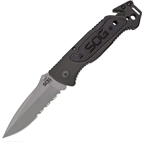 SOG Escape Tactical Folding Pocket Knife- 3.4 Inch Serrated Edge Blade Knife w/ Glass Breaker, Wire Stripper and Line Cutter Blades-Satin (FF25-CP),Black