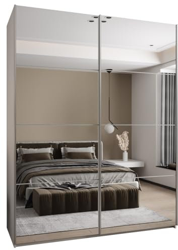 ABIKSMEBLE Lux 2 Armario con 2 Puertas Correderas con Espejo, Cierre Silencioso - Sistema HETTICH Topline L - para Salón, Dormitorio - 245,5x200x64cm - Blanco, Blanco, Plata