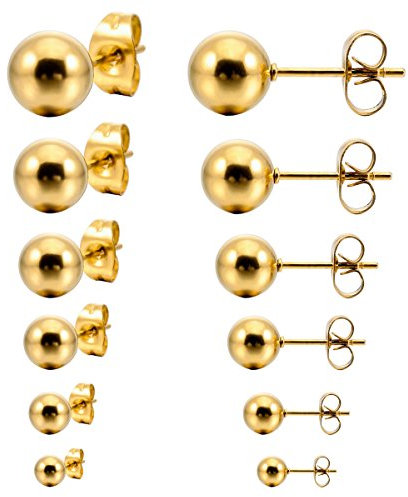 MunkiMix 3~8mm 12 Pièce Acier Inoxydable Clou d`oreille Boucle d'Oreille Or Ton Boule Perle Boule Perle Série (6 Pair Paire) Homme,Femme