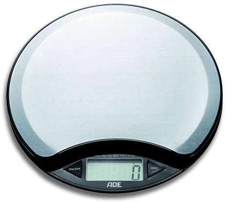 ADE Digitale Küchenwaage KE 854 Anja. Runde elektronische Waage mit Wiegefläche aus Edelstahl für präzises Wiegen bis 5kg. Mit Raum-Thermometer, Zuwiegefunktion Tara. Inkl. Batterie. schwarz - silber