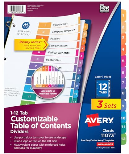 Avery Table of Contents Dividers, 12-Tab, Multicolor, 3 Sets