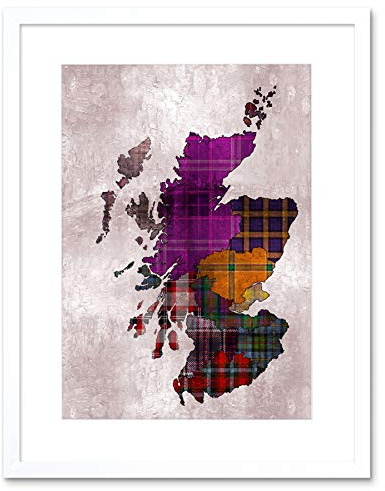 Wee Blue Coo Painting Map Outline Scotland Tartan Inset Regions Framed Wall Art Print