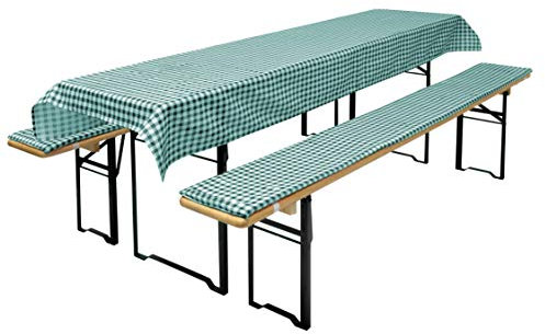 Brandsseller Auflagenset für Bierzeltgarnituren 3-teilig 2 Bankauflagen gepolstert 220x25 cm und 1 Tischdecke 240x90 cm für alle gängigen Festzeltgarnituren Bierbankauflagen Outdoor - Grün Kariert