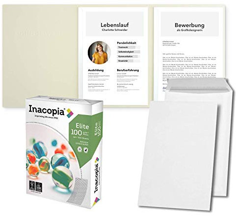 Bewerbungsset // 10 Stück 3-teilige Bewerbungsmappen Creme-Beige + 250 Blatt 100 g/m² Premium Bewerbungspapier + 10 Stück B4 Versandtaschen in Weiß - Das ultimative Bewerbungsmappen-Bundle - All inkl.