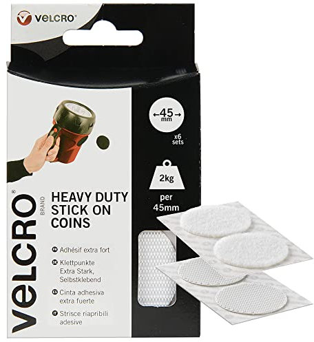 VELCRO® Brand | Heavy Duty Stick On Coins | Industrial Strength Hook & Loop Self Adhesive Sticky Coins Perfect for Room Décor & Home, Office, Garage Use | White | 45mm x 45mm | Set of 6