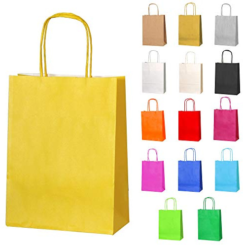 Thepaperbagstore 5 Gelbe Kleine Papiertüten mit Henkel 18 x 22 x 8 cm | Farbige, recycelbare Kraftpapiertüten für Süßigkeiten, Geschenke, Hochzeiten, Partys & Events.
