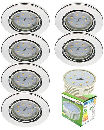 Trango 6er Set LED Einbaustrahler in Chrom Rund 6729-068MO Bad Einbauleuchte, Deckenstrahler, Einbauspots, Deckenlampe incl. 6x 5 Watt 3000K warmweiß LED Modul Ultra Flach nur 3cm Einbautiefe
