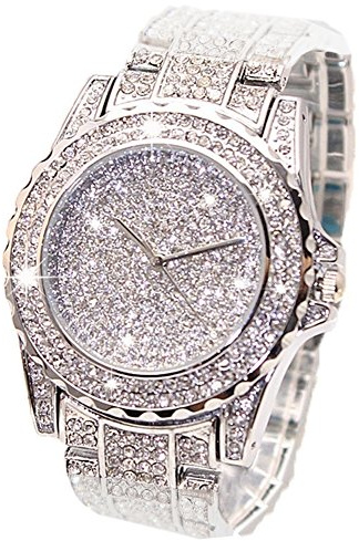 Luxury Women Watch Bling Bling Fashion Jewelry Crystal Diamond Rhinestone Ladies Watches Steel Band Round Dial Analog Clock Classic Quartz Female Charm Bracelet Dress Wristwatches, Silver, Modern