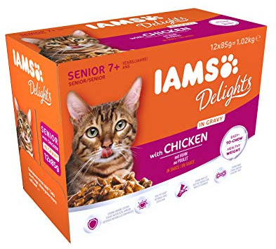 IAMS Delights Complete Wet Cat Food for Senior 7+ Cats Chicken in Gravy Multipack 12 x 85 g Pouches