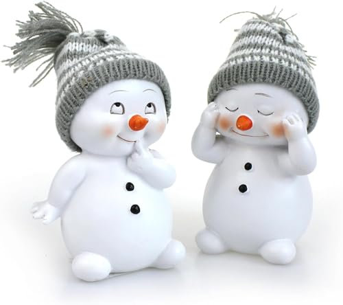 TEMPELWELT 2X Deko Figur Schneemann im Set je 11 cm, Keramik weiß, Wintermütze Textil Wolle grau, Keramikfigur Dekofigur Winter Weihnachten