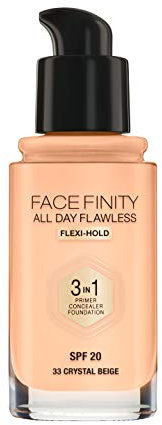 Max Factor Facefinity All Day Flawless 3 in 1 Foundation in Crystal Beige 33 – Primer, Concealer & Foundation in einem – Für ein perfekt mattiertes Finish – 1 x 30 ml