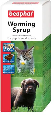 Beaphar - Worming Syrup - For Puppies & Kittens - Treats Roundworms - Ideal for Treating Litters - UK Authorised Veterinary Medicine - Pet-Friendly Chocolate-Flavoured Syrup - 45 ml
