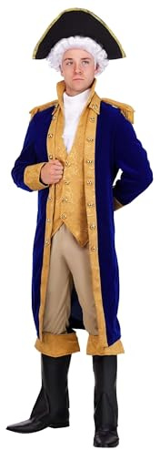 George Washington Colonial Costume for Men - Blue Velvet Jacket, Vest, Pants, Hat, Ascot, Boot Tops M