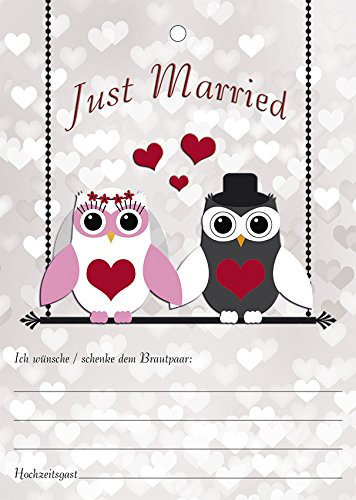 Luftballon-Postkarten Just Married - süßes Eulenpaar Ballonflugkarten gelocht 60 Karten
