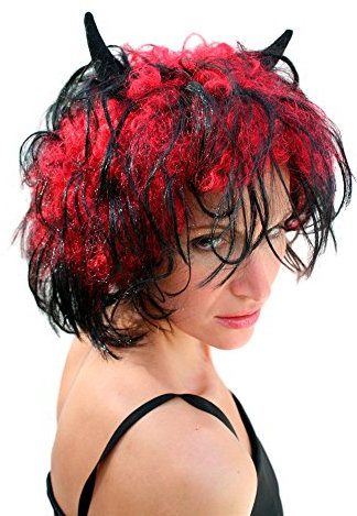 WIG ME UP - LM-707-P103+PC13 Halloween Perücke Teufelin Teufel Hörner Schwarz Rot