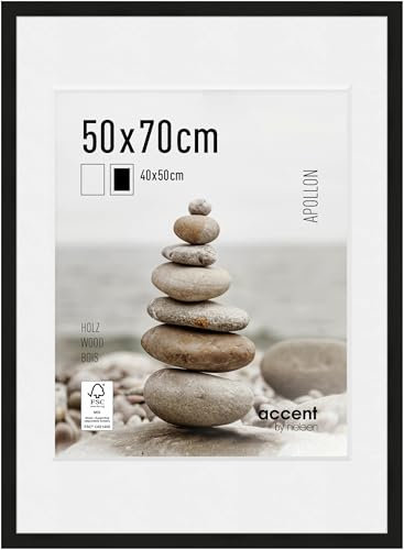 accent by nielsen Bilderrahmen mit Passepartout, 50 x 70 cm, Holz, Schwarz, Posterrahmen zum Aufhängen im Hoch- & Querformat, Echtglas, Apollon