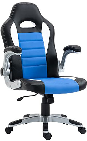 Vinsetto Computer Gaming Chair, Office Desk Swivel Chair, PU Leather Racing Chair with 90° Flip-up Armrest, Adjustable Height and Rolling Wheels, Blue