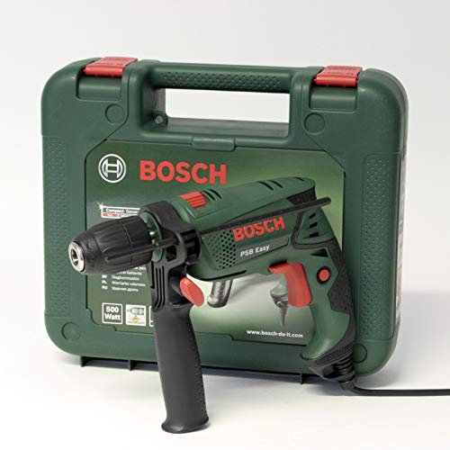 Bosch PSB Easy - Trapano battente avvitatore 500W, mandrino autoserrante, regolazione elettronica, rivestimento Softgrip, in valigetta di plastica