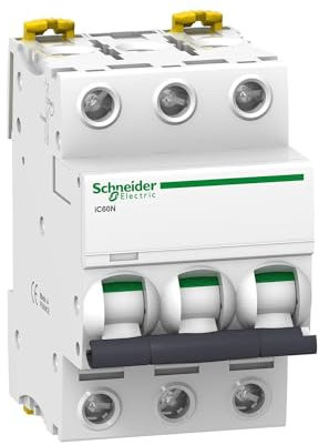Schneider Electric A9F74363 IC60N Disjoncteur, Acti9, 3P, 63A, courbure C, 50/60 Hz, blanc