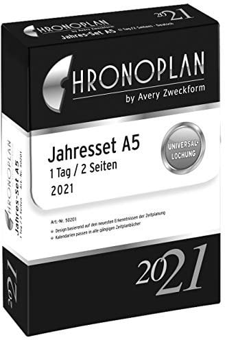 Chronoplan 50201 Kalendereinlage 2021, Jahres-Set A5 mit Tagesplänen (148x210mm), Ersatzkalendarium, ideal für professionelle Tagesplanung, Multilochung (1 Tag auf 2 Seiten), weiß