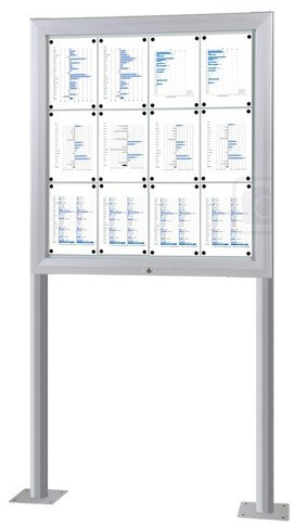 Schaukasten 12x DIN A4 | mit Ständer Pfosten zur Bodenmontage| wetterfest für außen outdoor IP56-zertifiziert | ESG-Sicherheitsglas, abschließbar | silber | für Firma, Behörde, Büro, Kirche