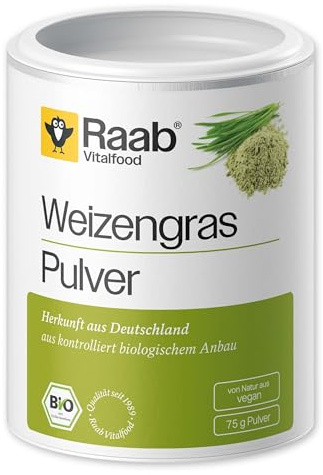Raab Vitalfood Bio Weizengras-Pulver 75 g, für Smoothies, mit Folsäure, Mangan, glutenfrei, vegan, hergestellt und laborgeprüft in Deutschland