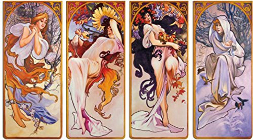 1art1 Alphonse Mucha Poster Die Vier Jahreszeiten, 1896, 4-Teilig Bilder Leinwand-Bild Auf Keilrahmen | XXL-Wandbild Poster Kunstdruck Als Leinwandbild 120x70 cm