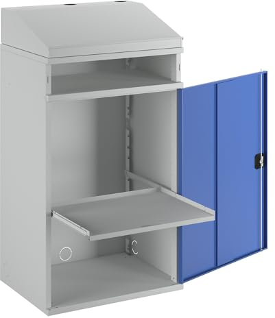 RAU | Industrie-Stehpult | mit offenem Fach über dem Schrank | Breite 650 mm | lichtgrau/enzianblau
