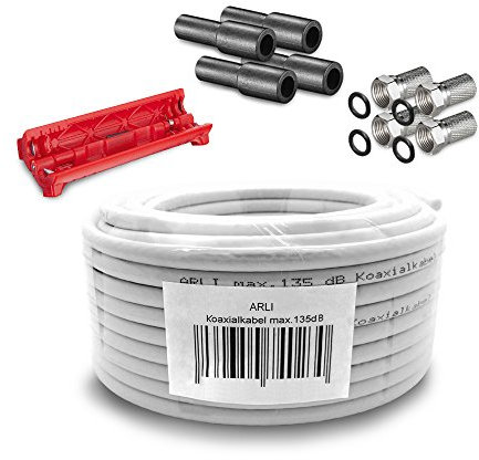 ARLI 20m Koaxialkabel – max. 135 dB 5-fach geschirmt UV-beständig + 4x F-Stecker & 4x Gummitülle & Abisoliermesser für DVB-S DVB-T2 4K HDTV