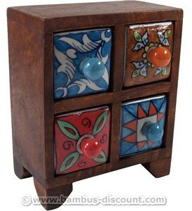 bambus-discount.com AUSLAUF Medizin Schubfachschrank mit 4 bunten Keramikfächern